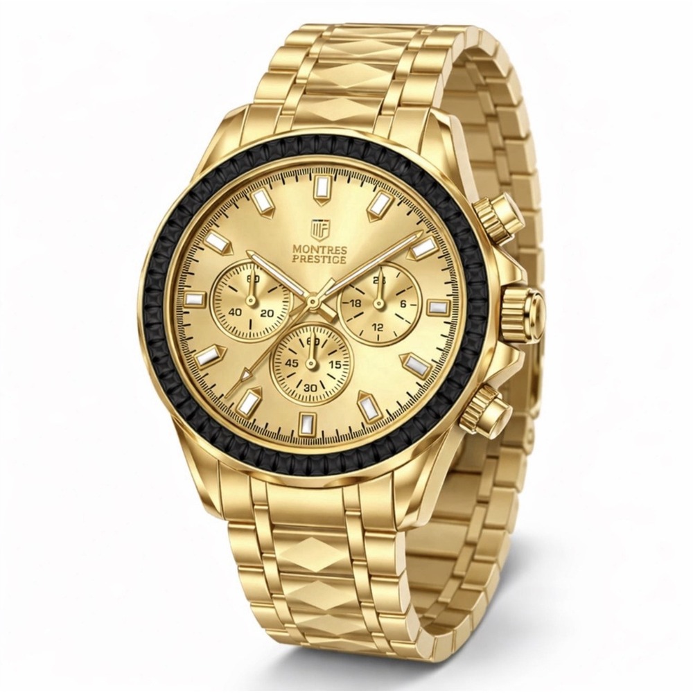 Montres Prestige Men's Gold Tone Quartz Chronograph Bracelet Watch, Black Bezel